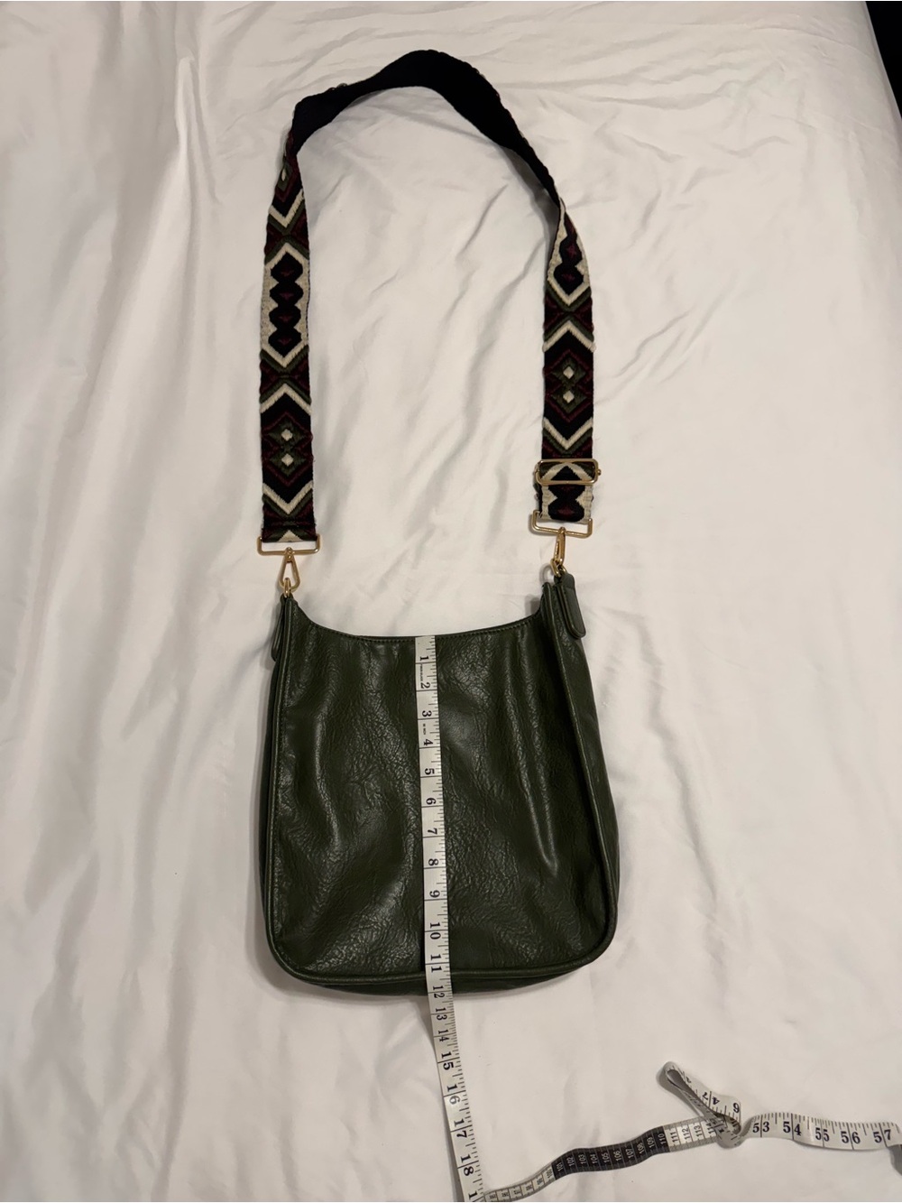 Olive Green Leather Crossbody Bag with Patterned Strap